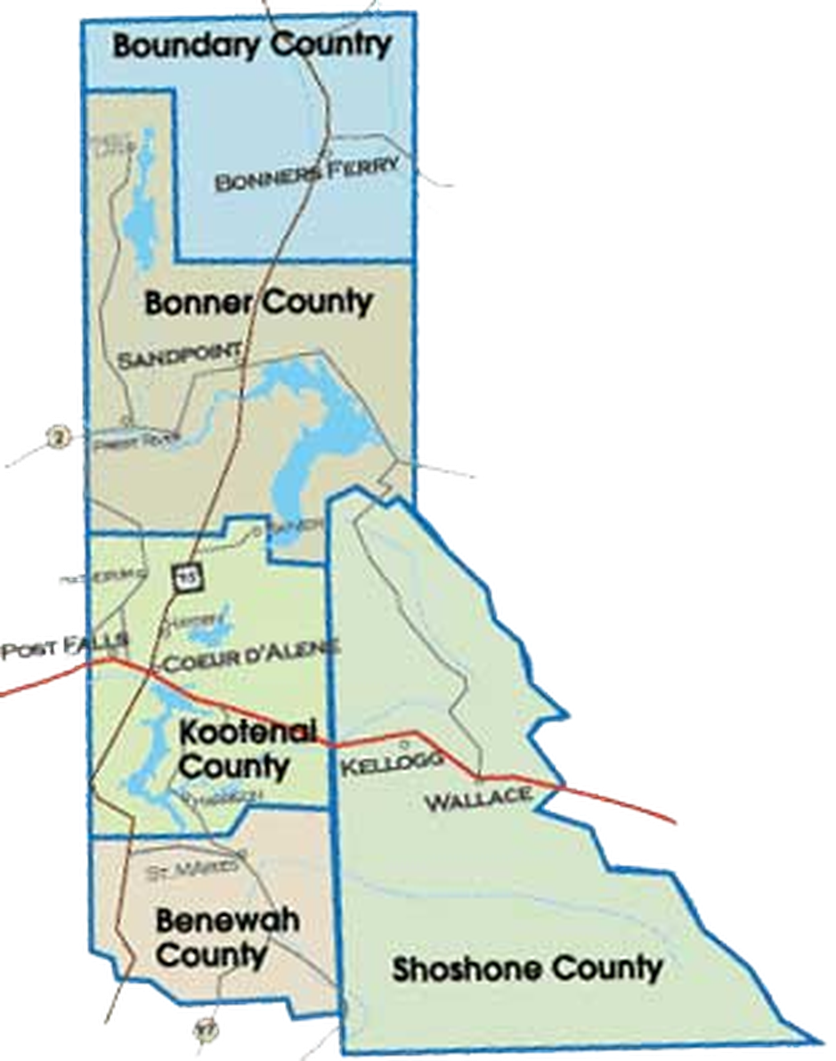 Map of North Idaho's five northernmost counties: Boundary, Bonner, Kootenai, Benewah, and Shoshone